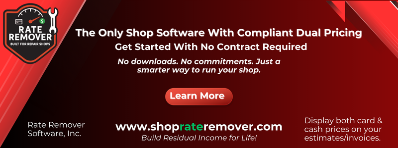 Rate Remover Software banner promoting compliant dual pricing for auto repair shops with no contract required.